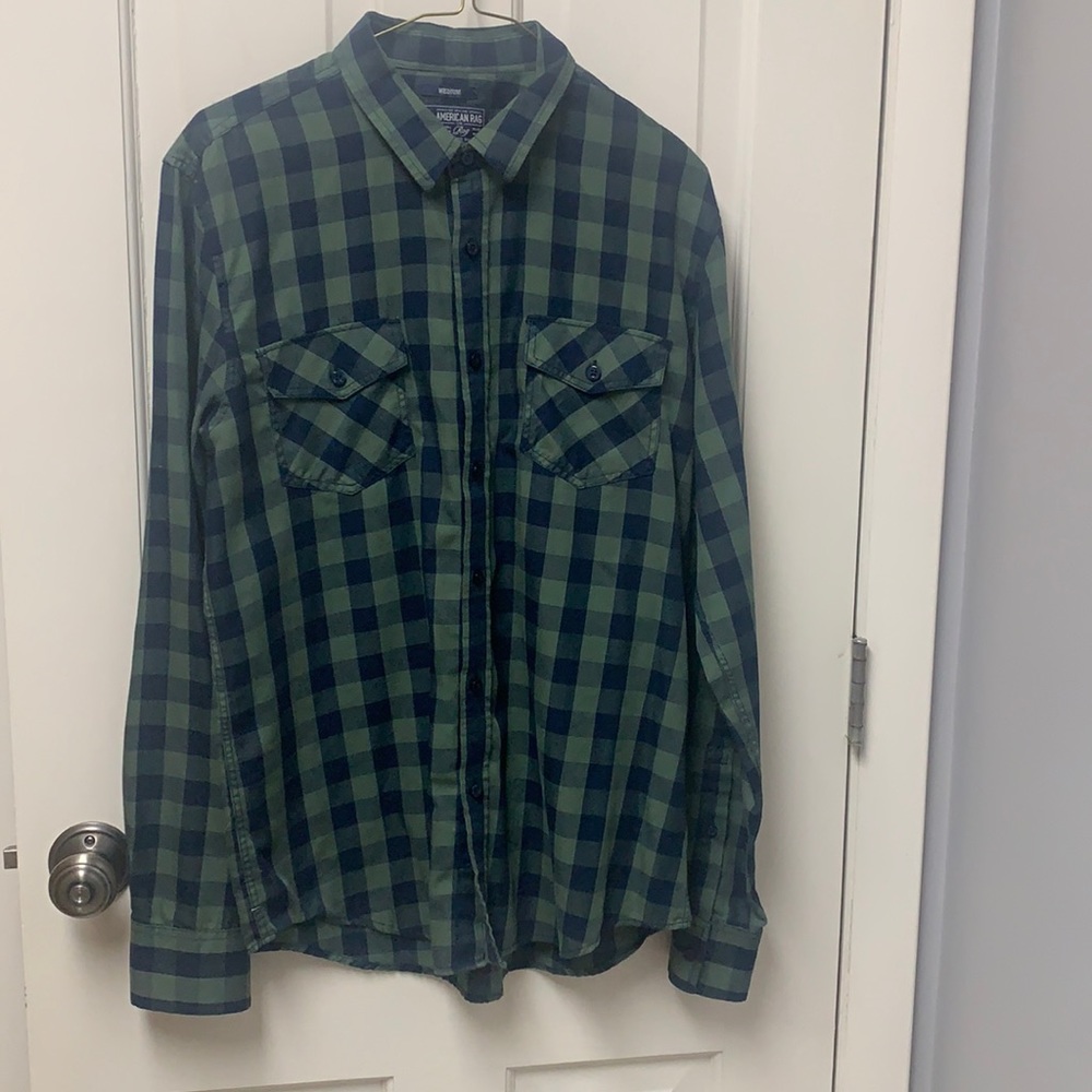 Men’s Medium AMERICAN RAG Plaid Long Sleeve Button Down Green & Navy Blue